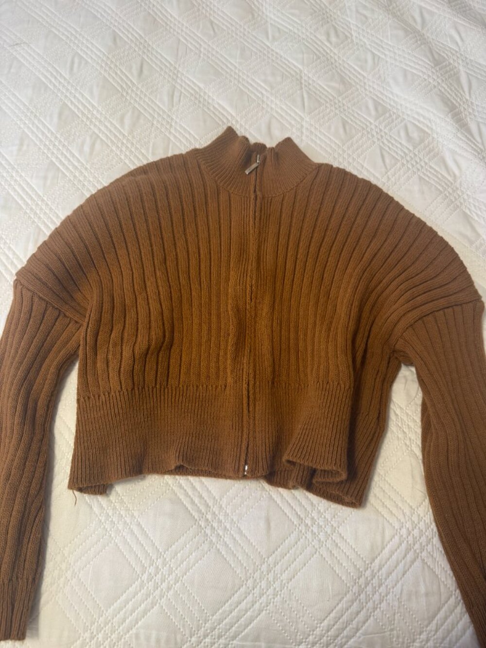 Brown Ribbed Knit 2 Piece Set Cropped Zip Sweater Wide Leg Pants